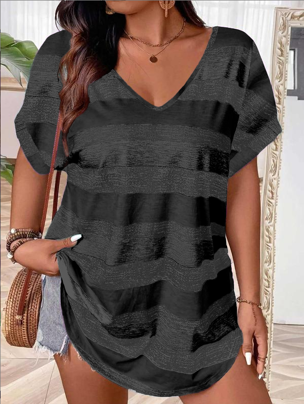 Plus Size Striped V-Neck T-Shirt for Women – Casual Summer Short Sleeve Top, Lightweight Breathable Tee for Daily Wear (Sizes S–5XL)