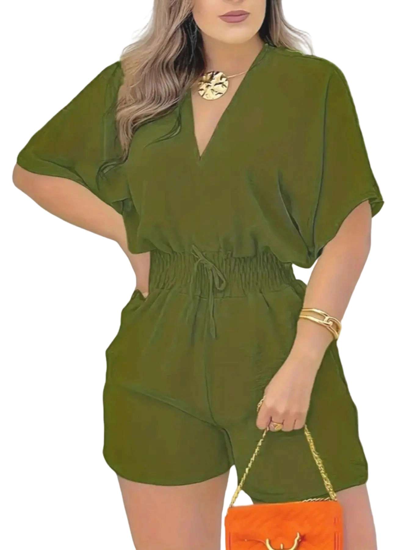 Women's Plain Drawstring Shirred Waist V Neck Romper