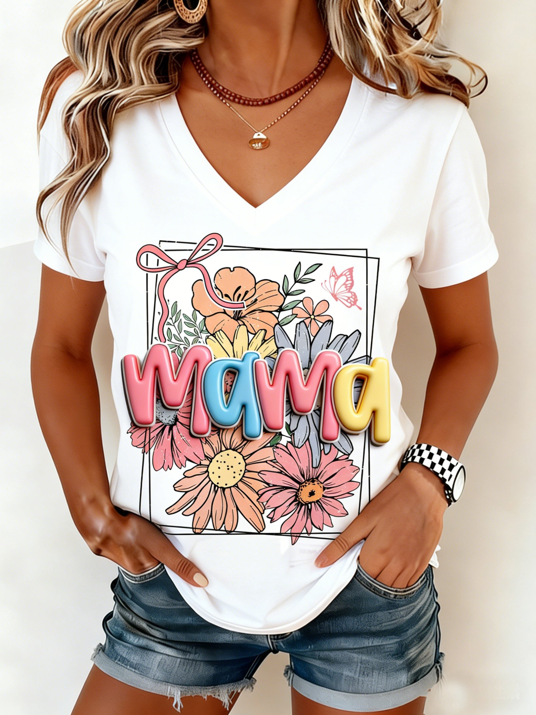 Mother's Day 3D Printing Letter Pattern Floral Short Sleeve V Neck Loose  Casual T-Shirt