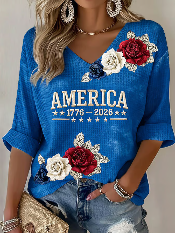 Women's American 250th Anniversary Three-Quarter Sleeve V-Neck Top