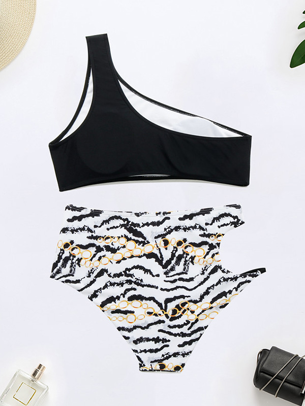 One-Shoulder Padded Bralette High-Waisted Hollow Bikini Swimwear