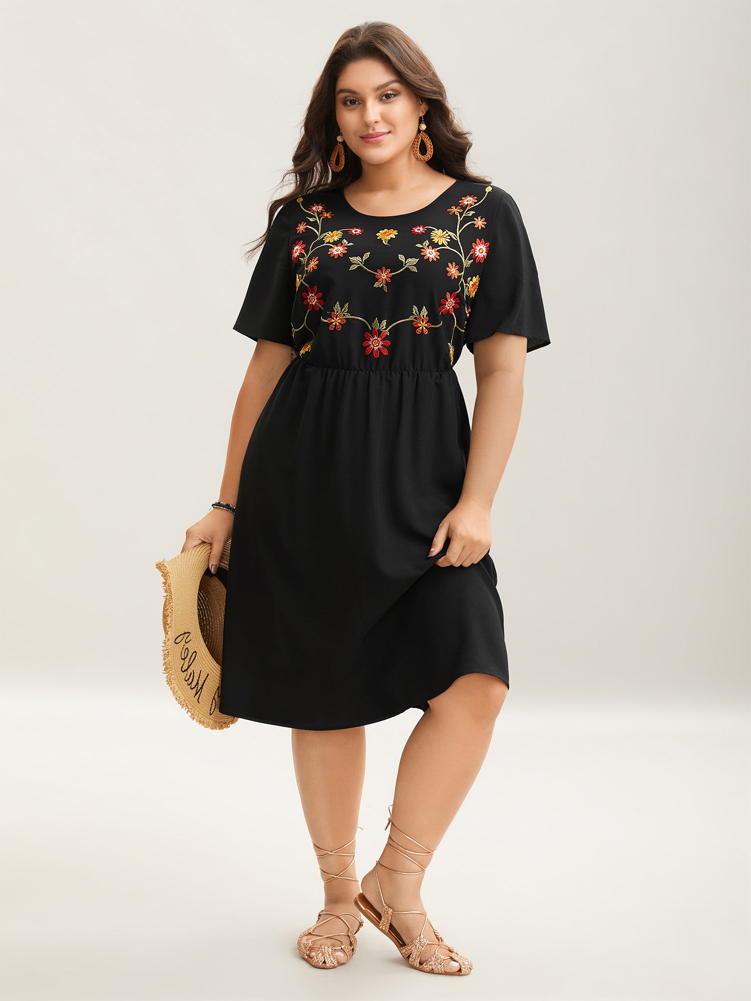 Floral Embroidered Waist-Cinched Midi Dress