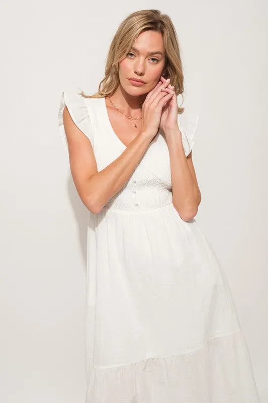 Ruffle Sleeve Front Smocked Tiered Midi Dress