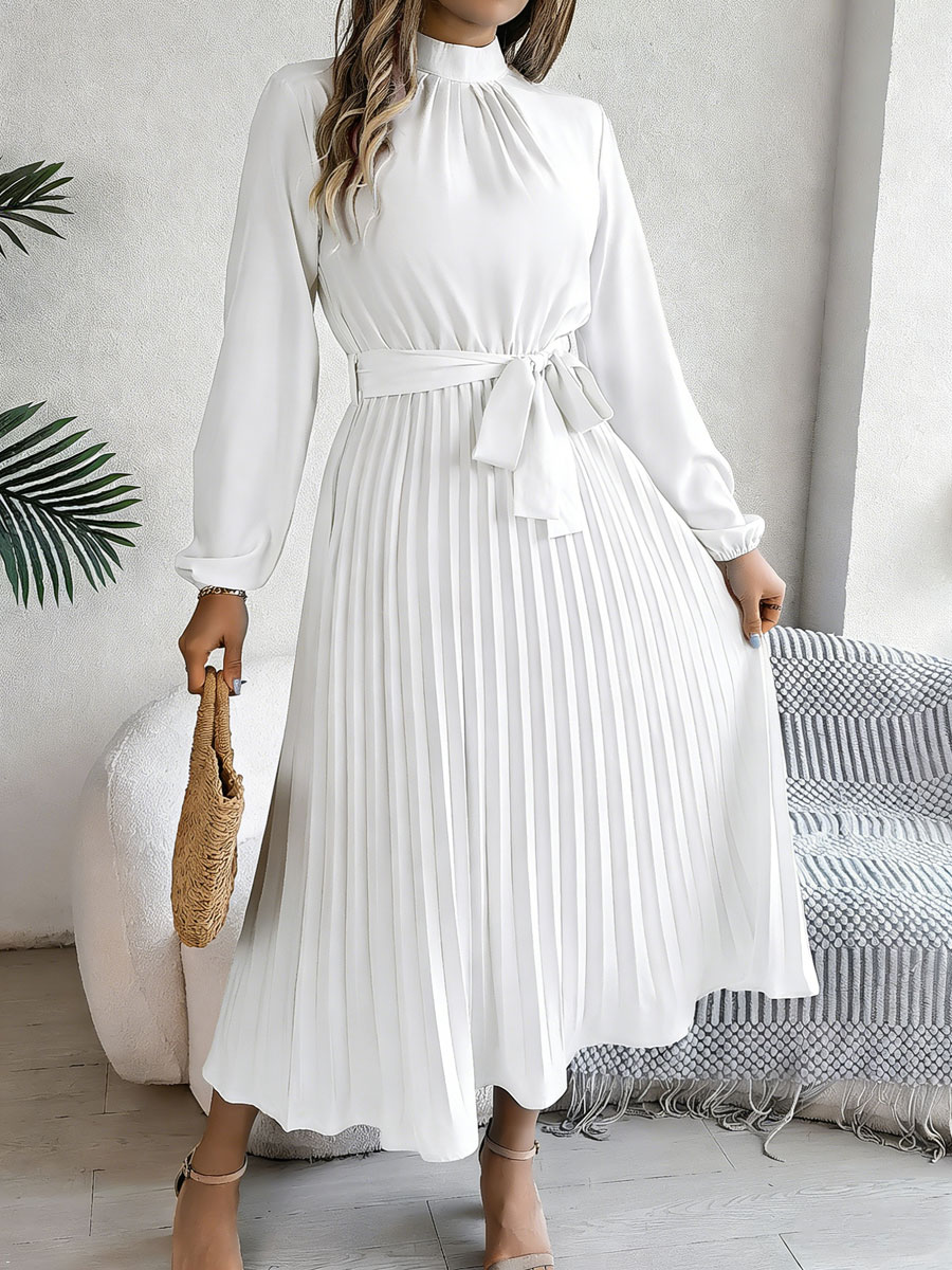 Women's Stand-up Collar Long-sleeved Lace Up Pleated Dress