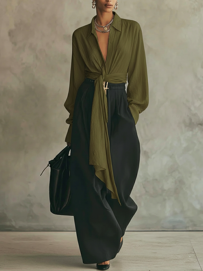 Elegant Minimalist Tie Shirt And Wide-leg Pants Two-piece Set