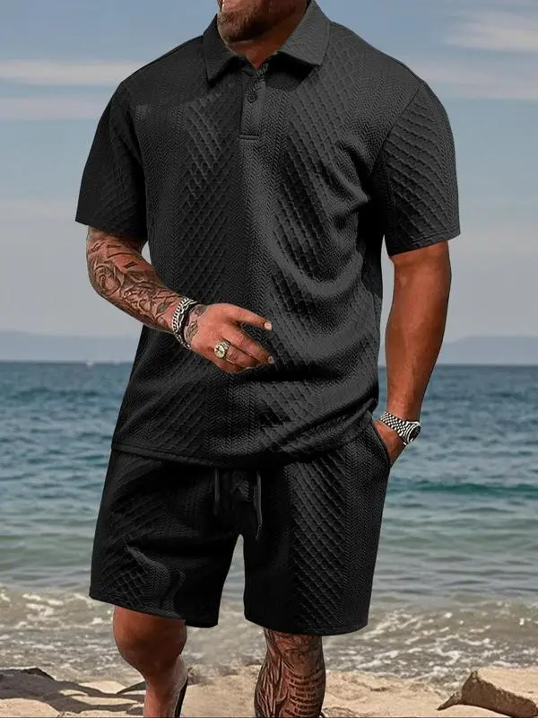 🔥 8-Set Men's Textured Polo & Shorts Sets – Casual Summer Two-Piece Outfits