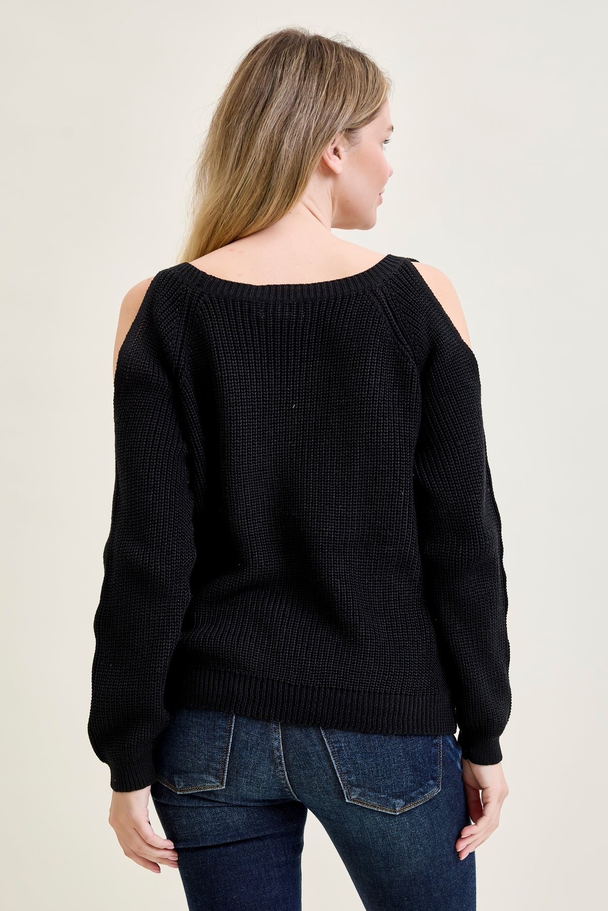 Chevron Stitch Cold Shoulder Black Sweater