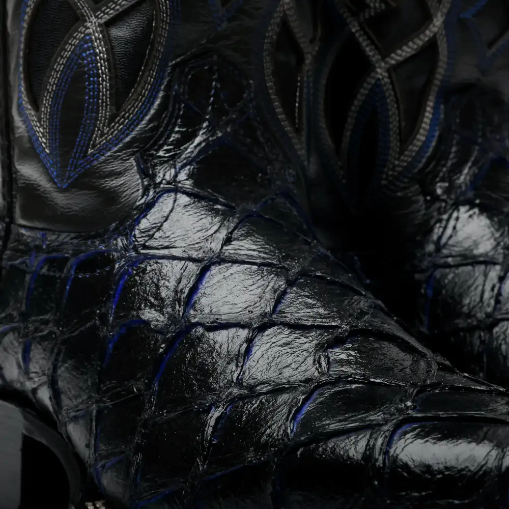 Black/Blue Pirarucu Leather Boots - Square Toe