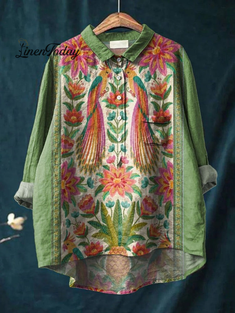 Women's Flower Print Casual Cotton And Linen Shirt