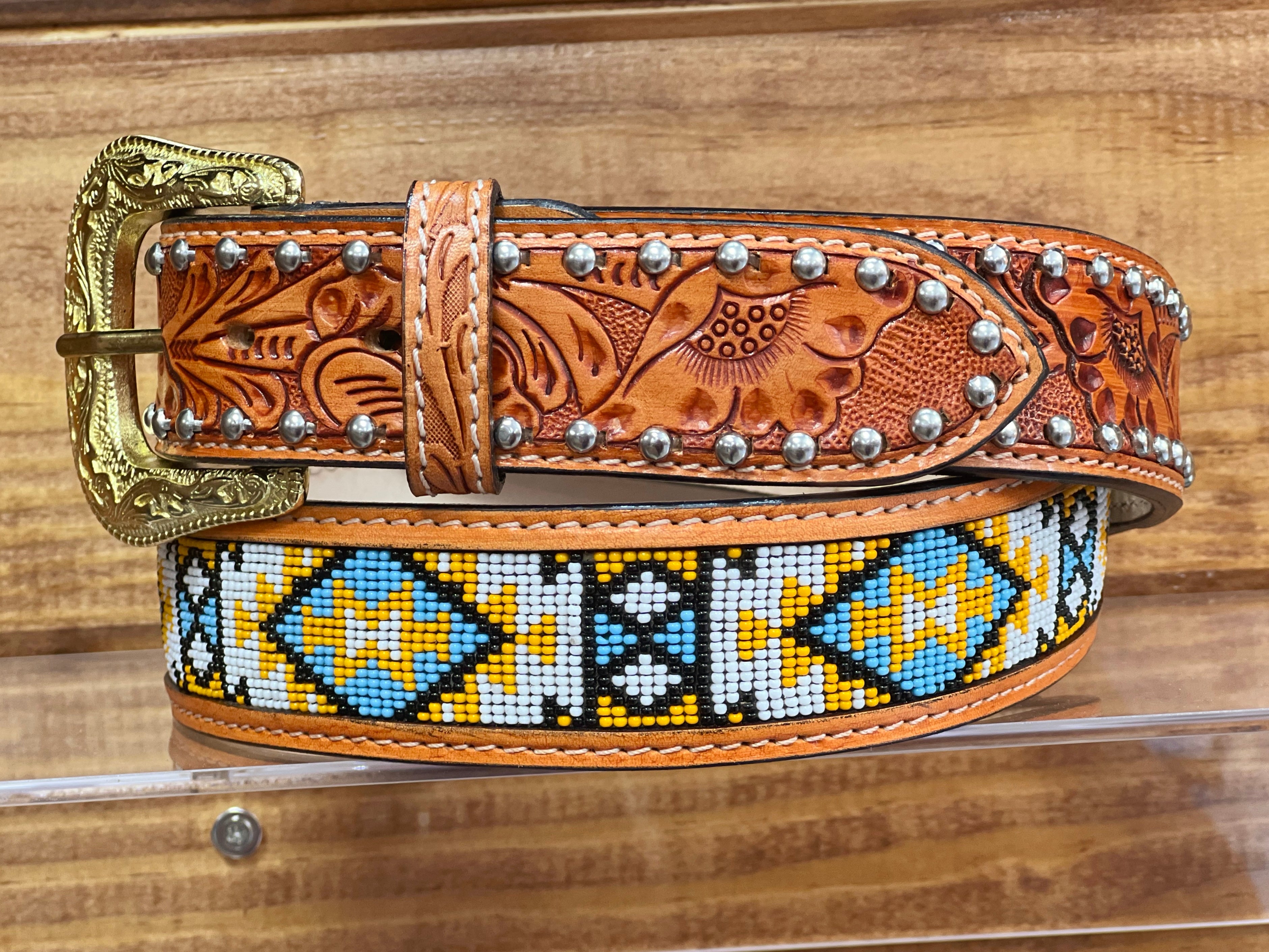 Cognac Hand-Tooled Artesanal Tabs With Silver Studs Blue & Yellow Beaded Leather Belt