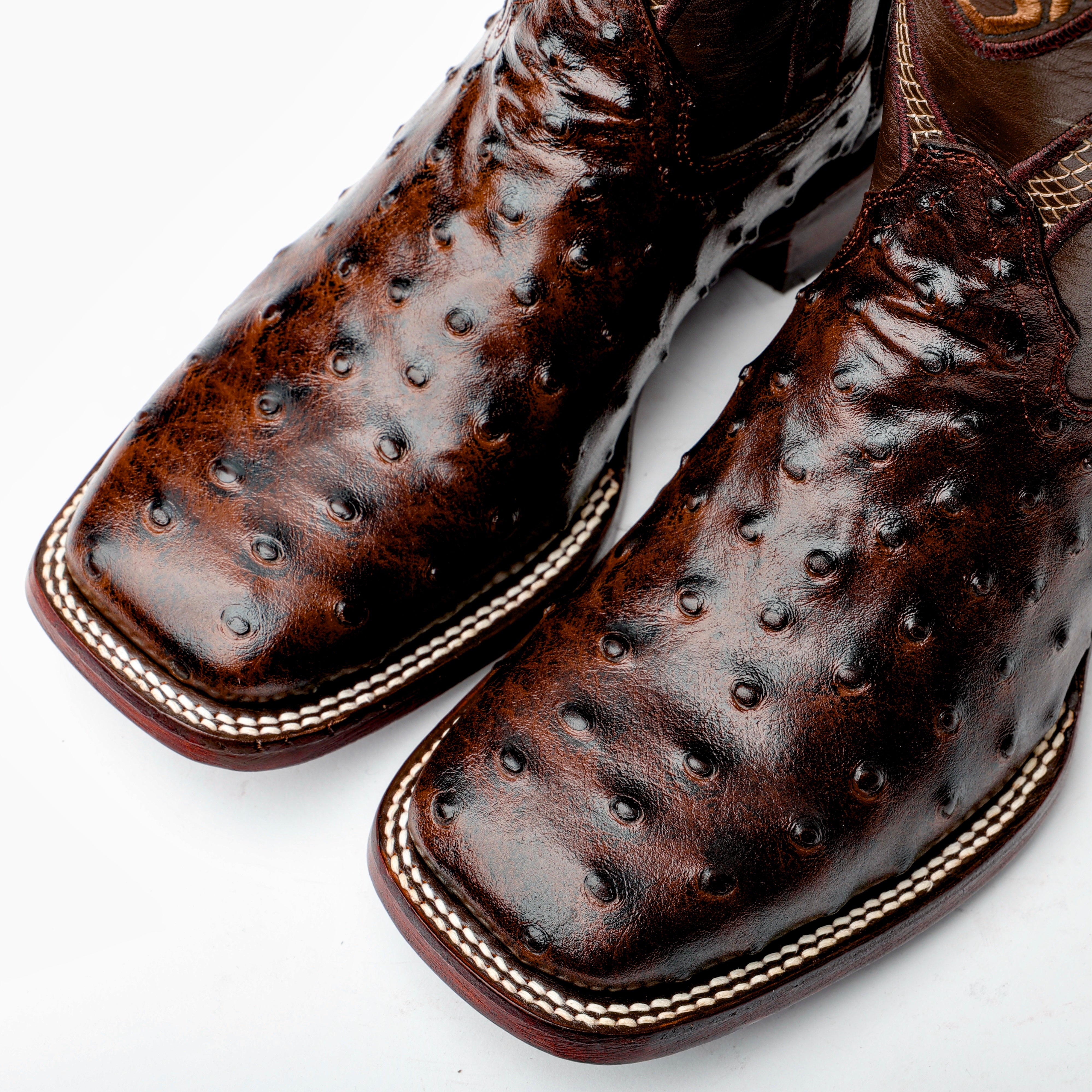 Chocolate Brown Ostrich Leather Boots - Square Toe