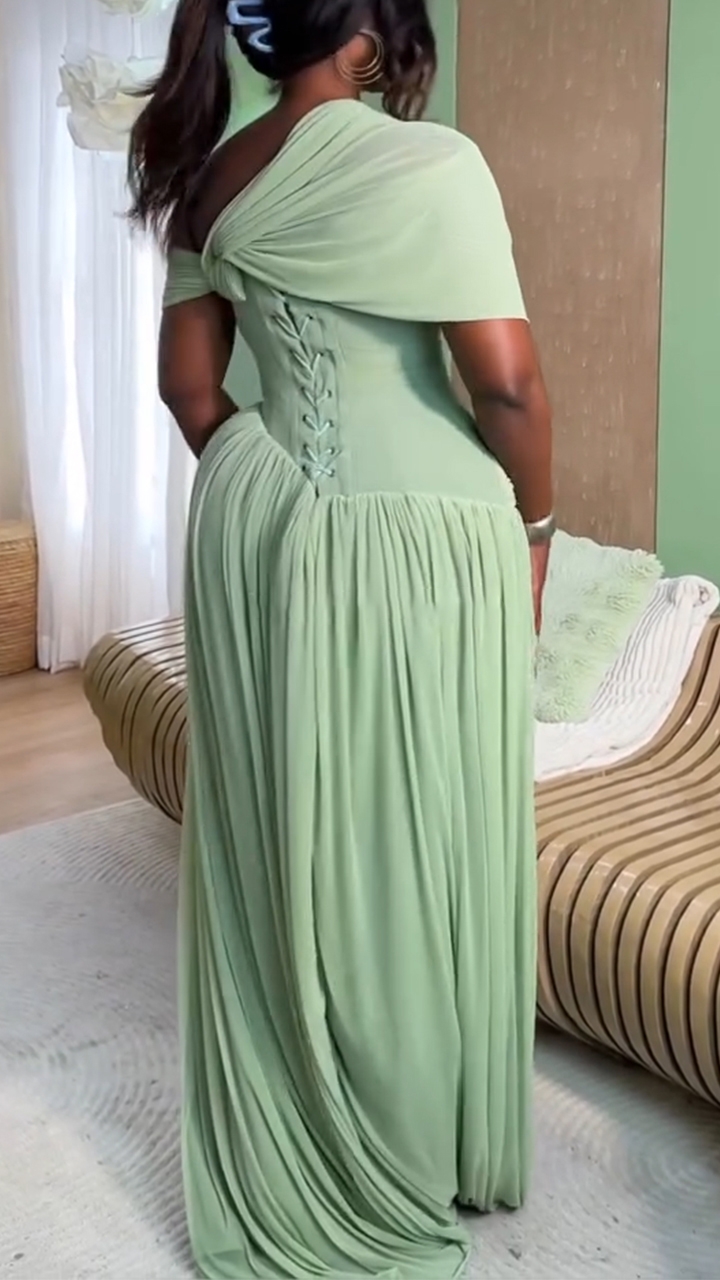 Womens Oblique Neck Solid Color Splicing Elegant Temperament Dinner Party Style Dress