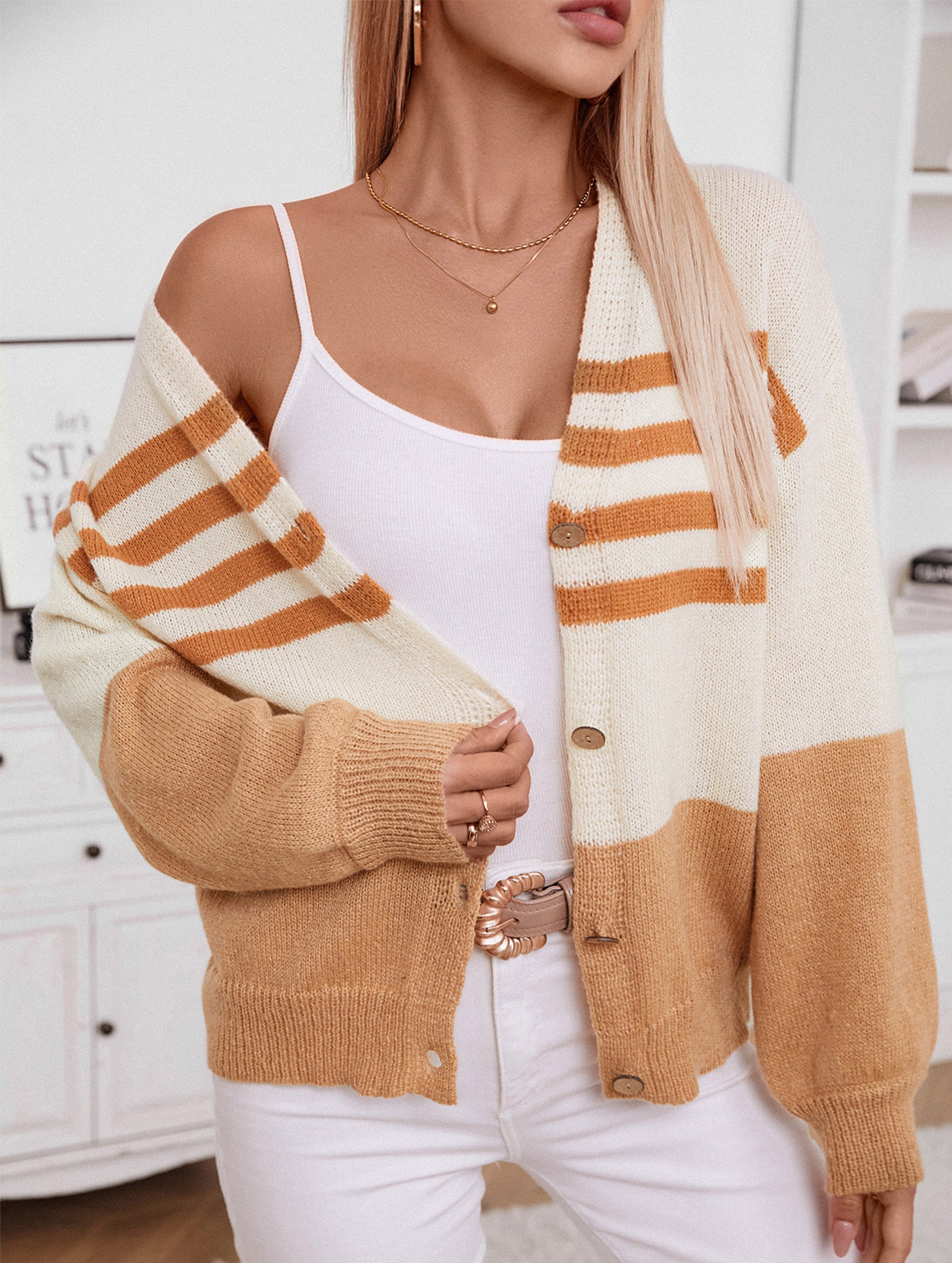 Contrast Stripe Button Knit Cardigan