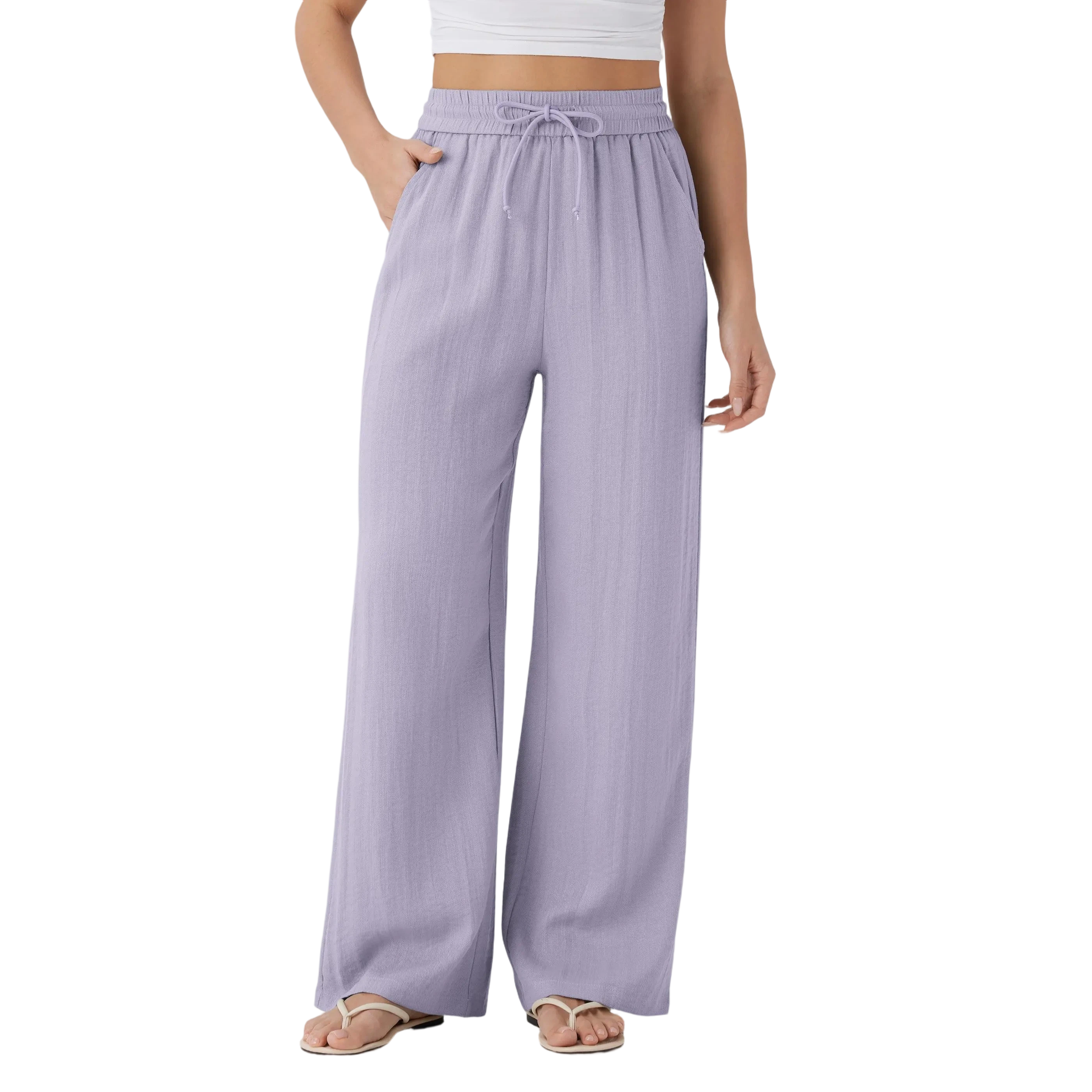 Women's High Waisted Drawstring Pocket Wide Leg Casual Linen-Feel Pants