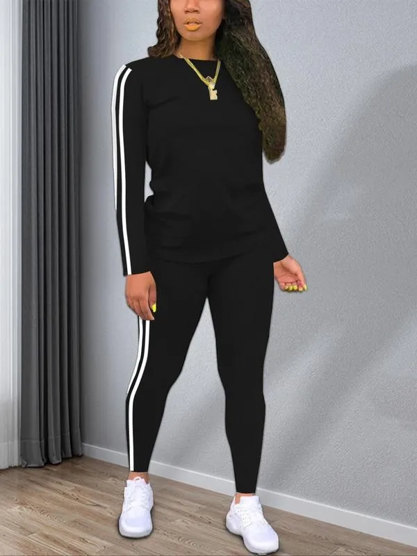 Women's Striped Print Long Sleeve Top & Pants Two-piece Set