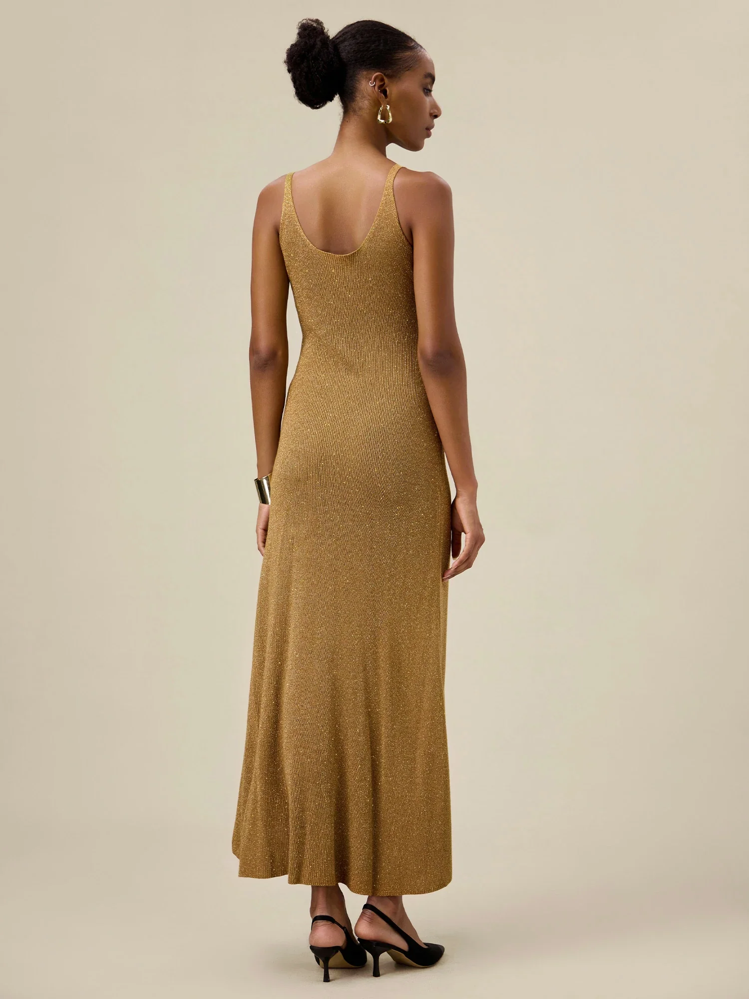 V-Neck Halter Metallic Maxi Dress