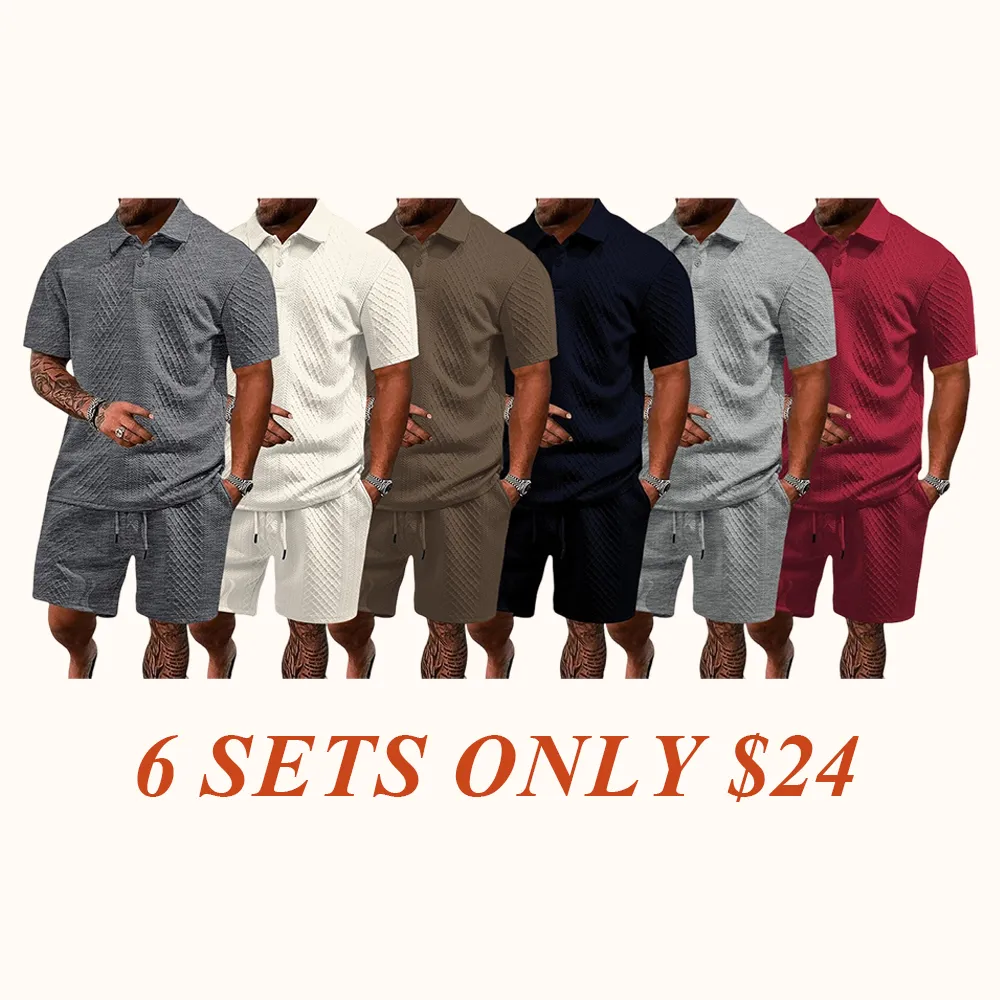 🔥Men's Solid Polo Shirt & Drawstring Waist Shorts Set, Cozy Breathable Two-piece Outfits for Daily Outdoor Wear, Men Clothes for Summer