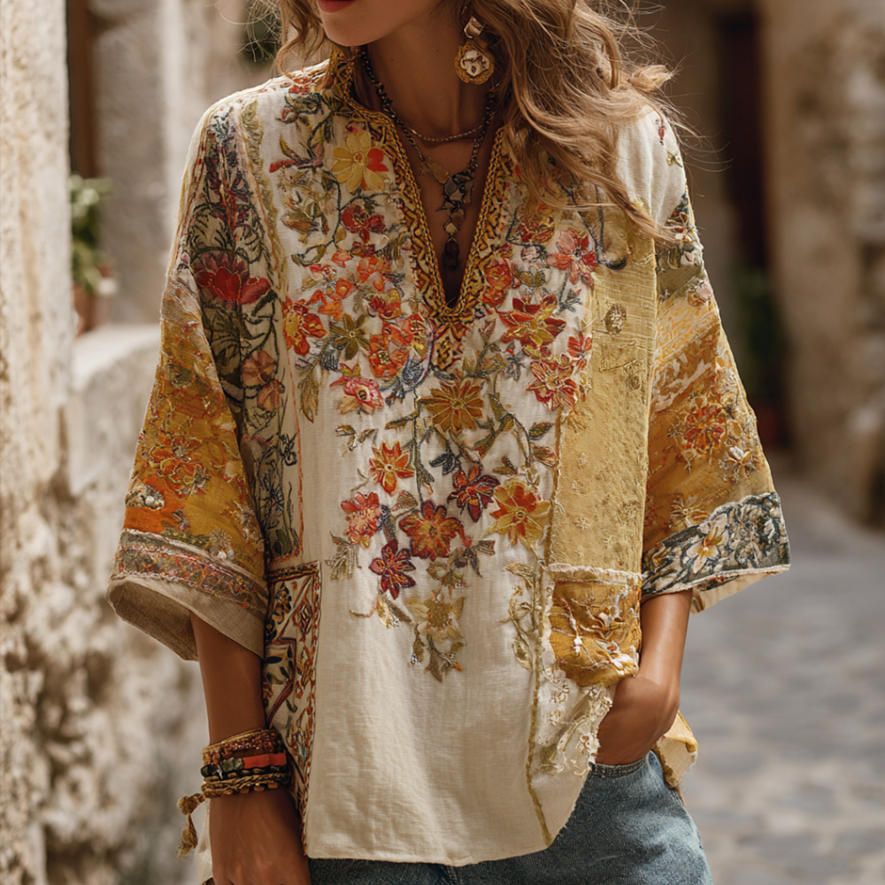 Bohemian Style Golden Patchwork Palace Retro Floral V-neck Short-sleeved Shirt