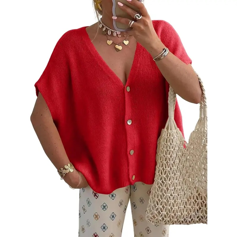 Womens Fall Oversized Cardigans Batwing Short Sleeve Lightweight Button V Neck Casual Knit Sweater Tops