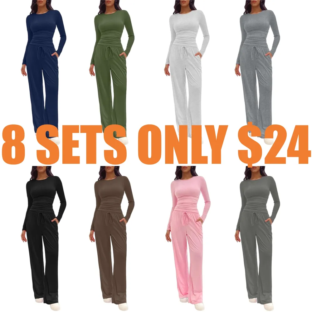 Women's Solid Ruched Tee & Drawstring Pocket Pants Lounge Set