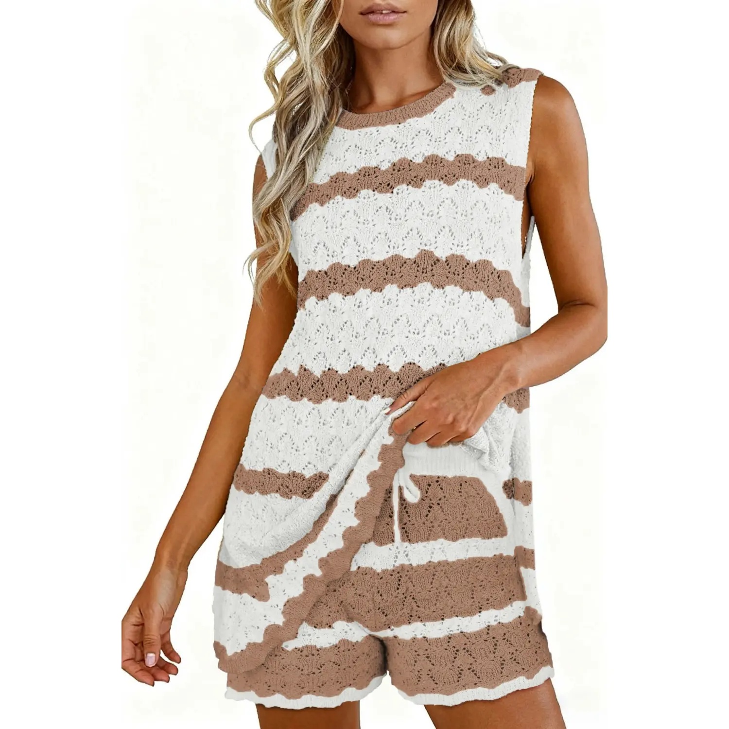 Womens Striped Crochet Knit 2 Piece Set