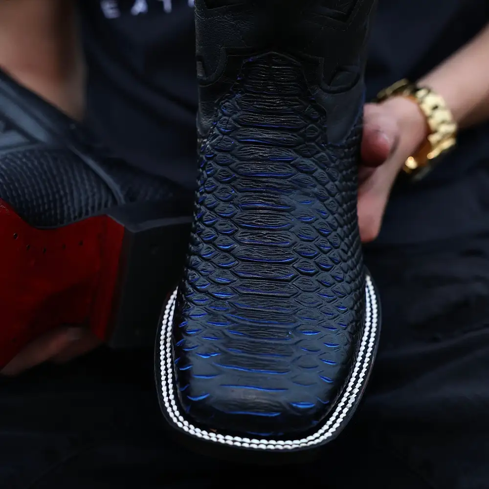 Royal Blue & Black Python Leather Boots - Square Toe