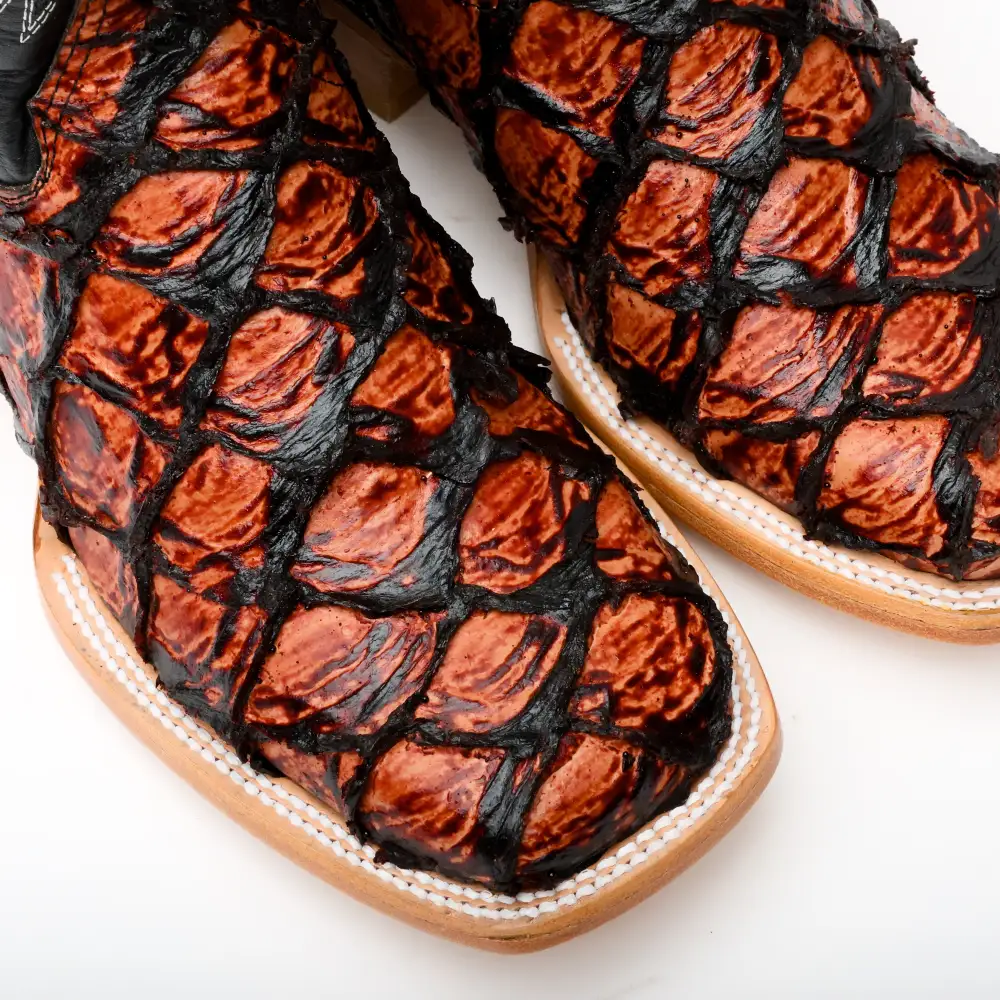 Cognac Jumbo Pirarucu Leather Boots - Square Toe