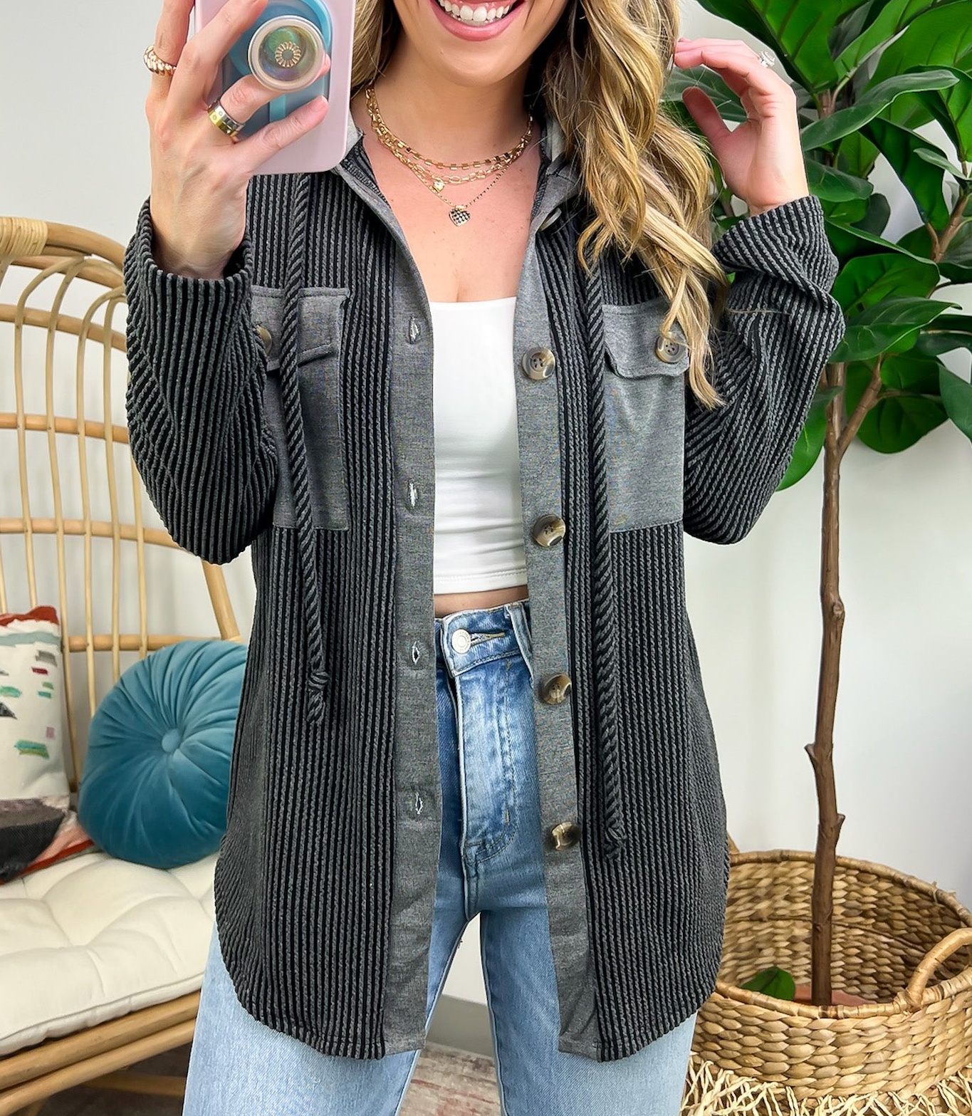 Saturday Satisfaction Ribbed Hooded Shacket