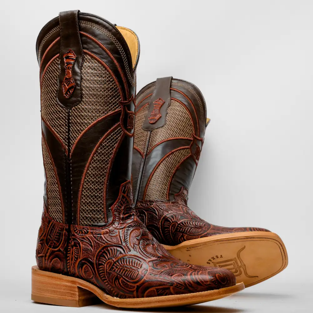 Cognac Hand-Tooled Boots - Square Toe