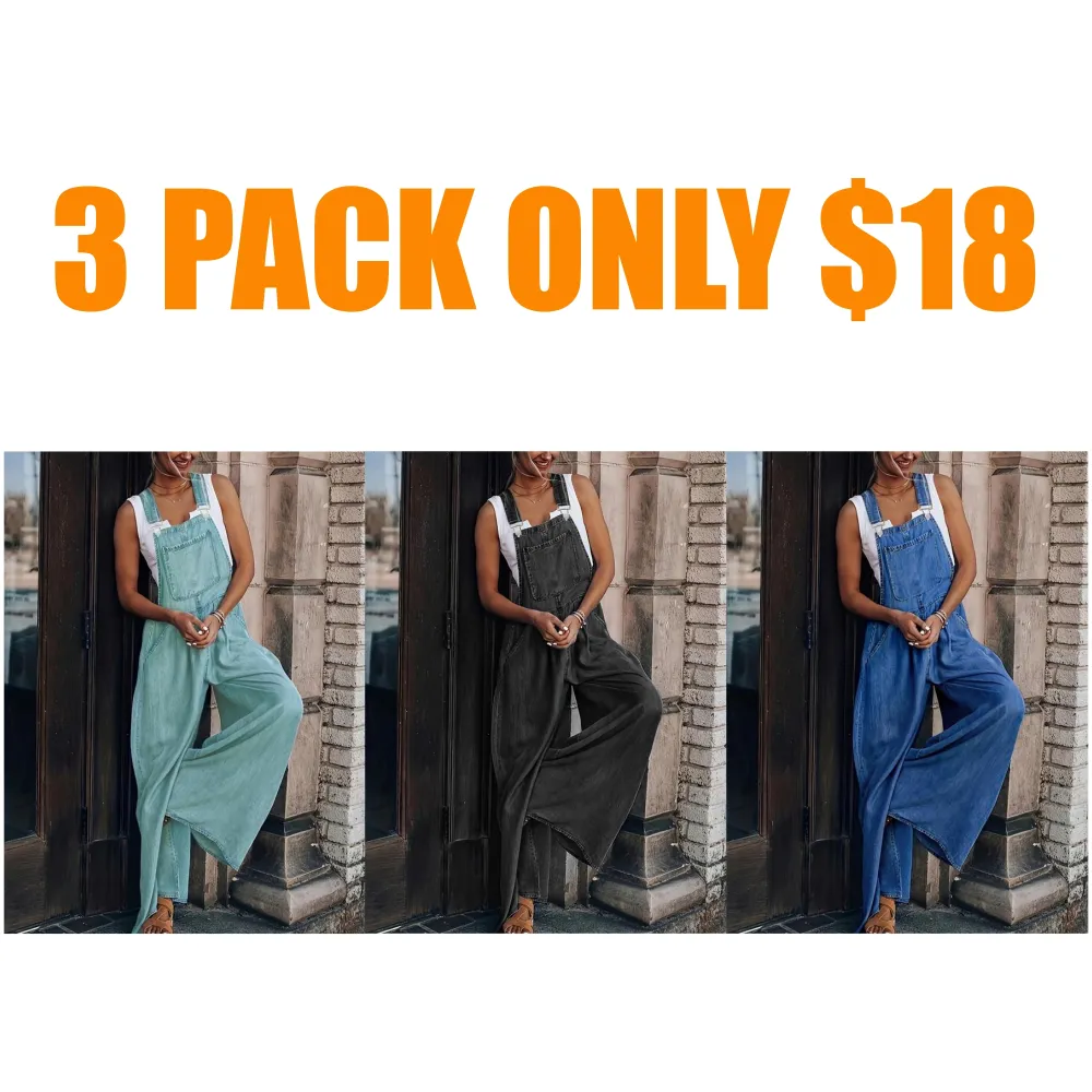 Women's Denim-Effect Print Plicated Wide Leg Overalls Jumpsuit