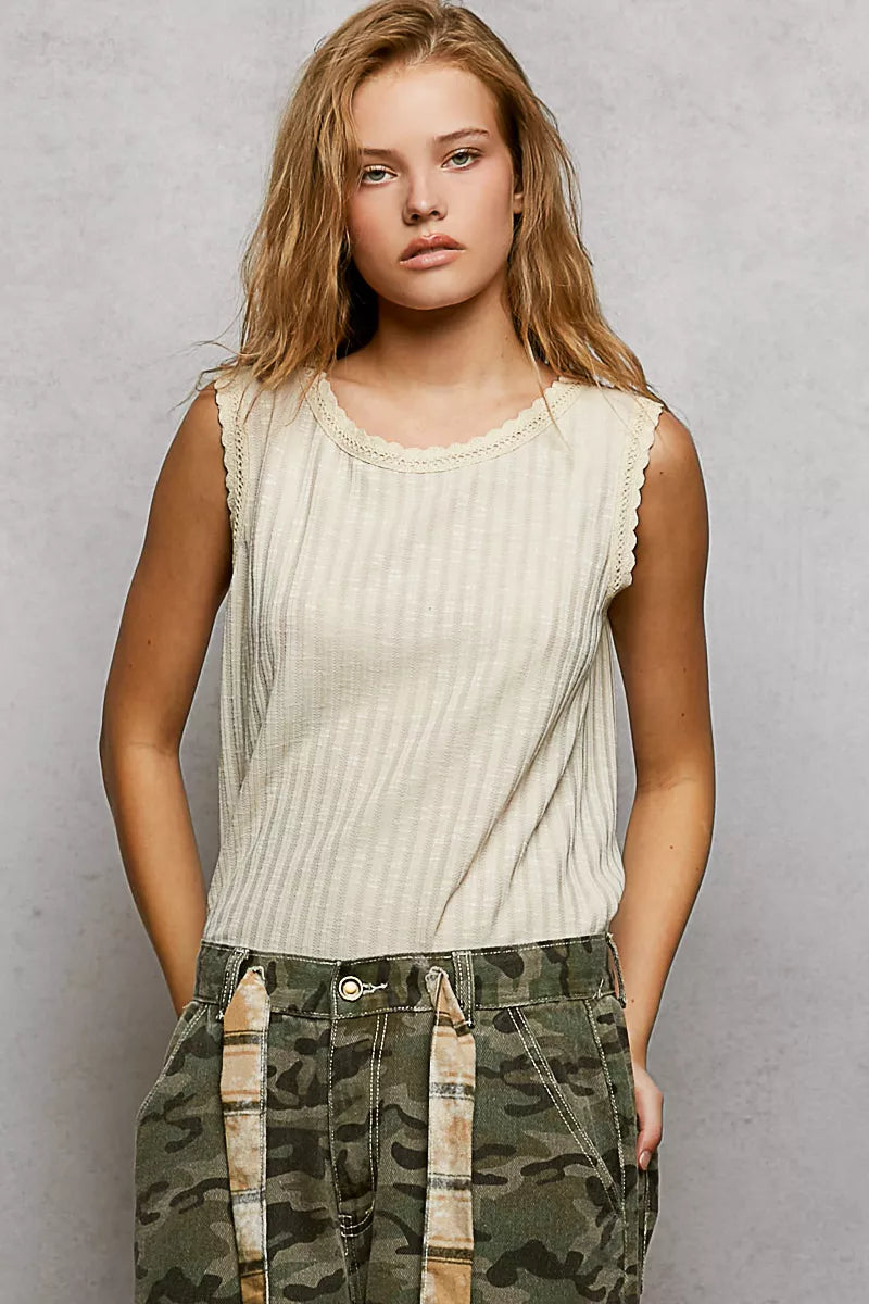 POL Ribbed Round Neck Tank with Lace Trim
