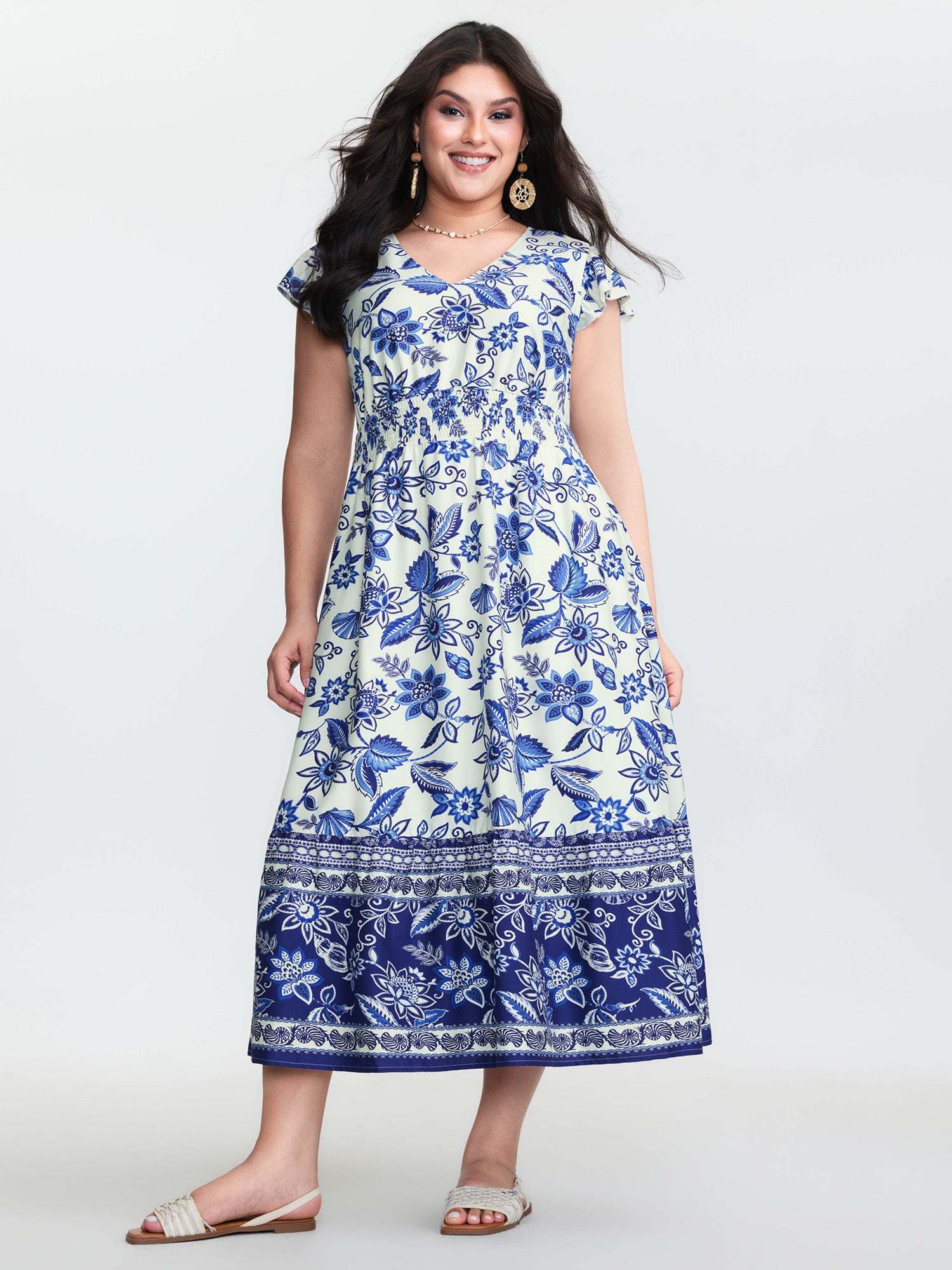 Floral Print Ruffled Sleeve Embroidered Midi Dress