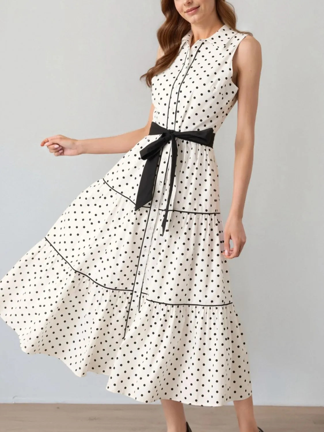 Polka Dot Sleeveless Midi Shirt Dress