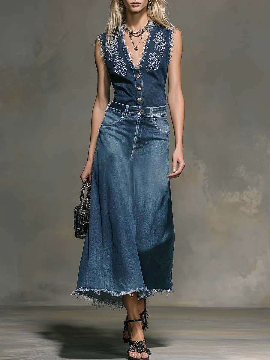 Women's V-neck sleeveless denim top and high-waisted casual loose denim skirt set