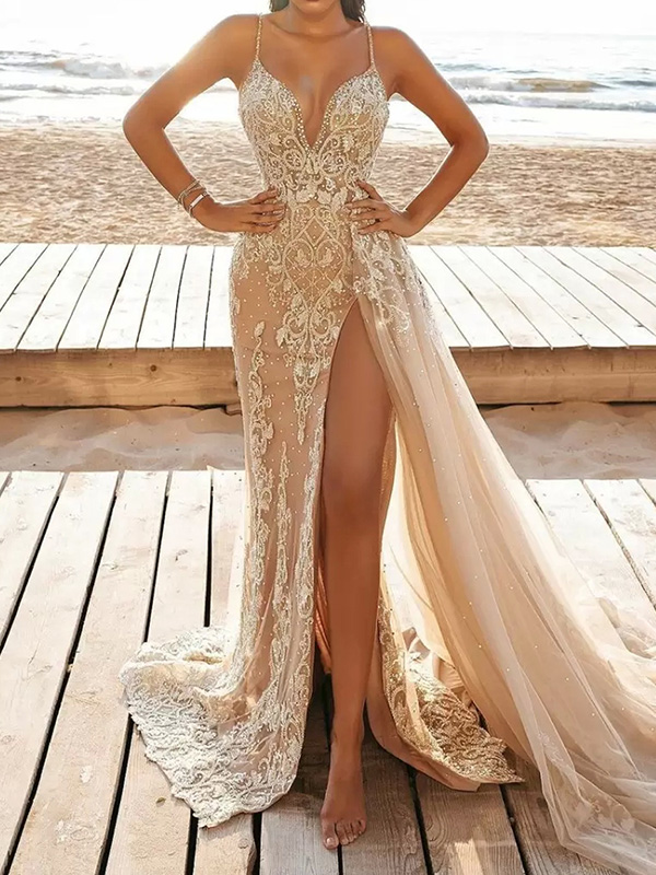 Sequinned Lace Mesh Splicing Sleeveless Spaghetti-Neck Split-Side Evening Maxi Dresses