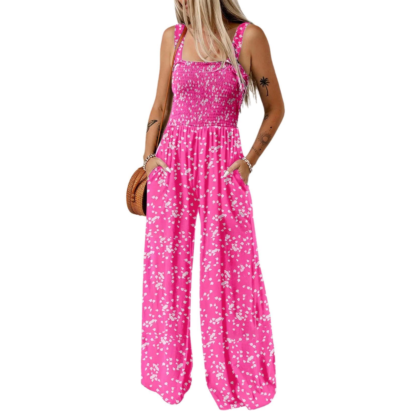Women's Casual Loose Overalls Jumpsuits One Piece Sleeveless Printed Wide Leg Long Pant Rompers With Pockets