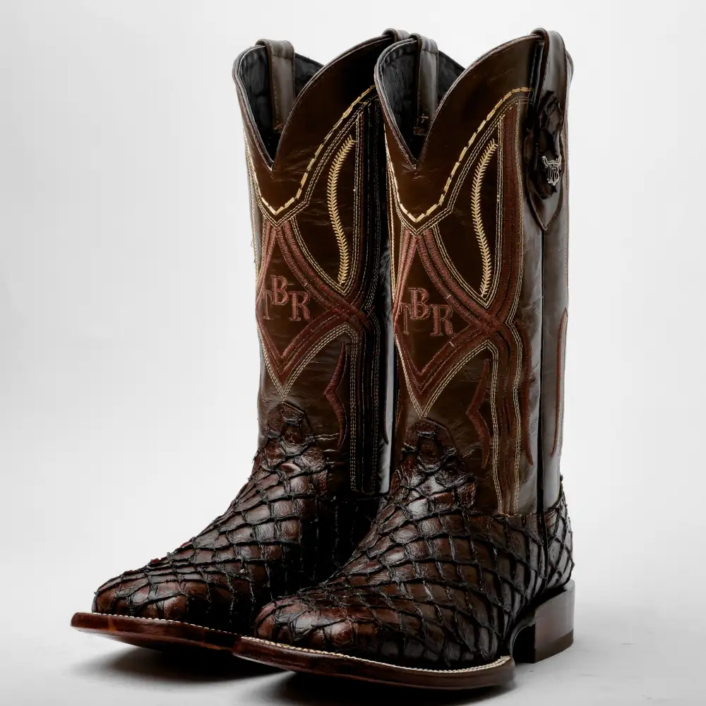 Chocolate Brown Mini Pirarucu Leather Boots - Square Toe