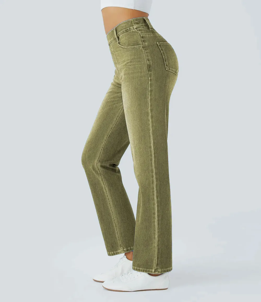 Stretch-Knit Straight-Leg Jeans with Multiple Pockets