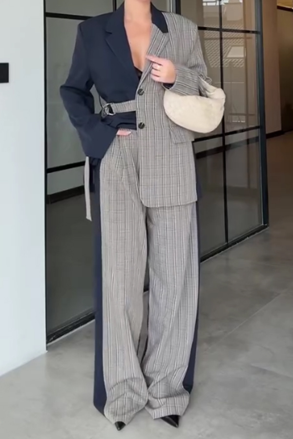 Women Elegant Office Irregular Contrast Plaid Blazer + Pants Suit
