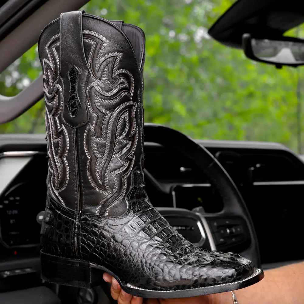 Black Caiman Neck Leather Boots - Square Toe