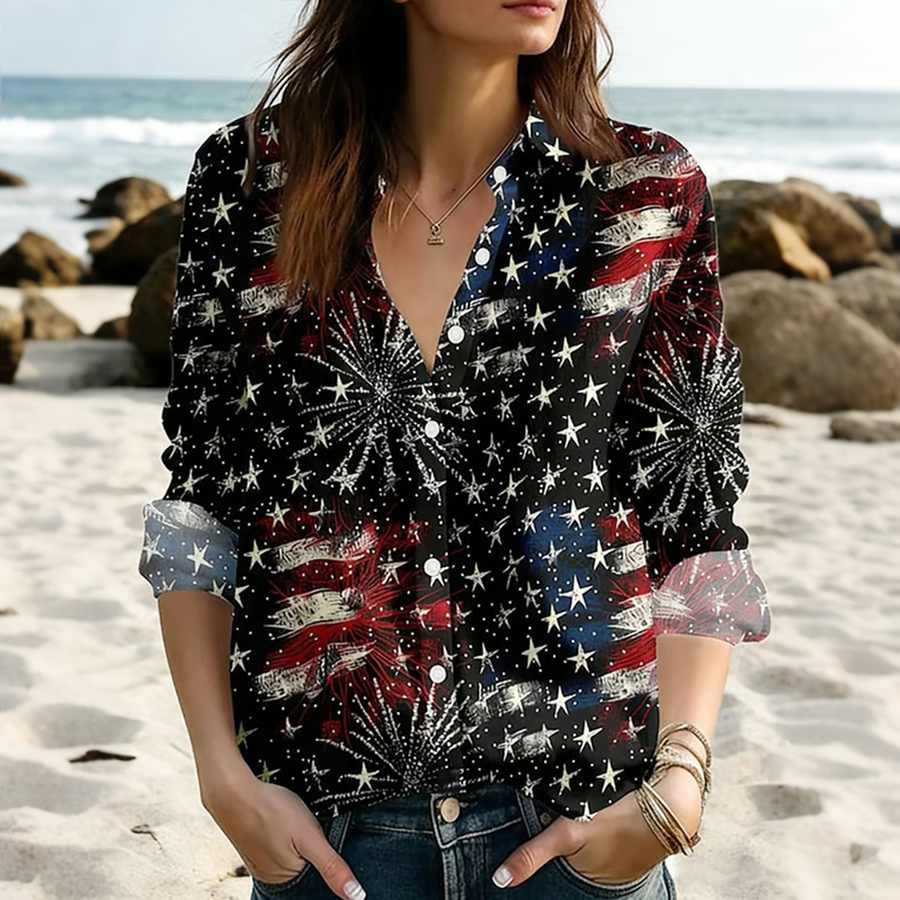 Women's Retro 250th Anniversary Print Casual Collared Shirt