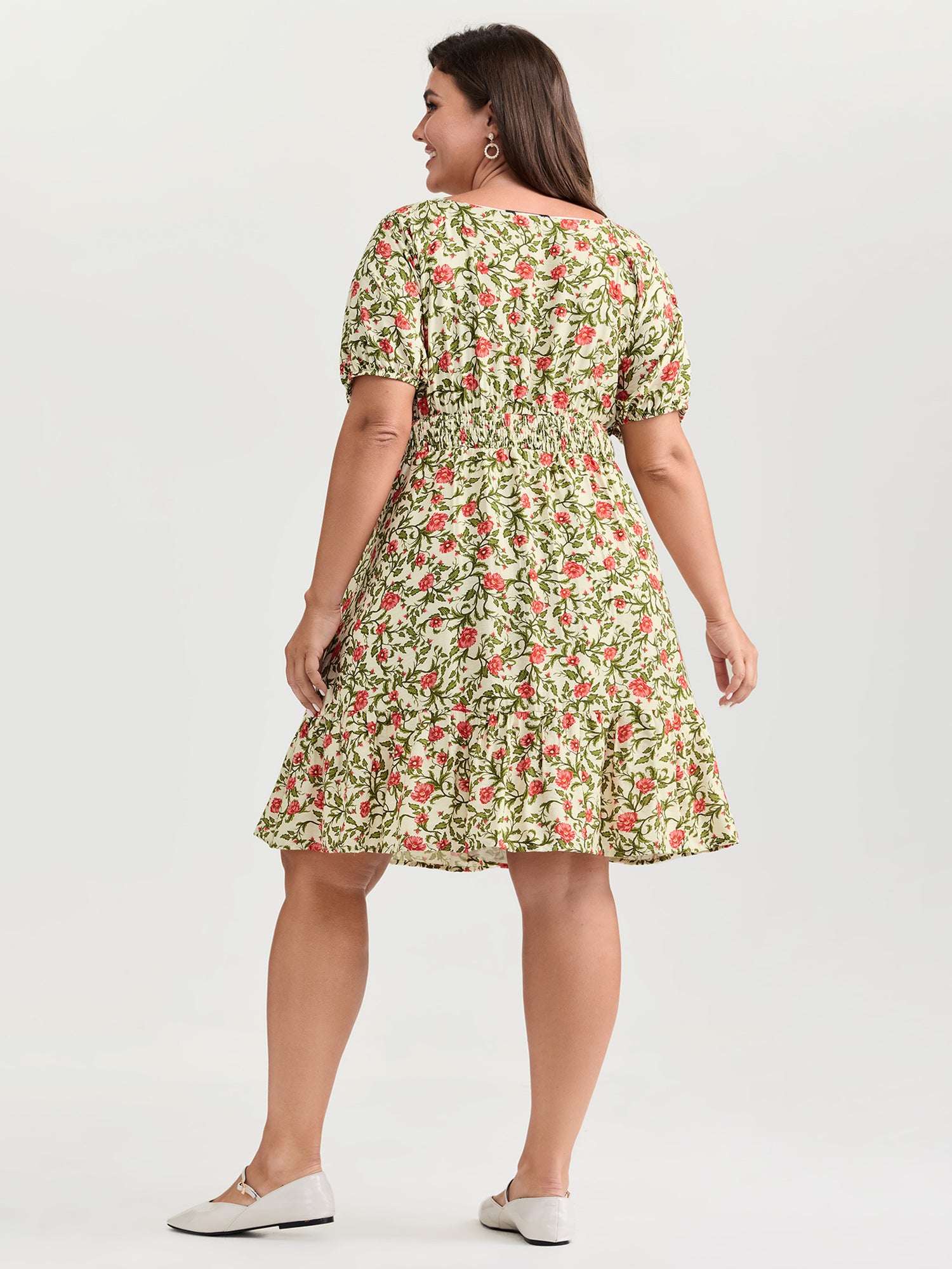 Charming Floral Print Drawstring Neckline Mini Dress