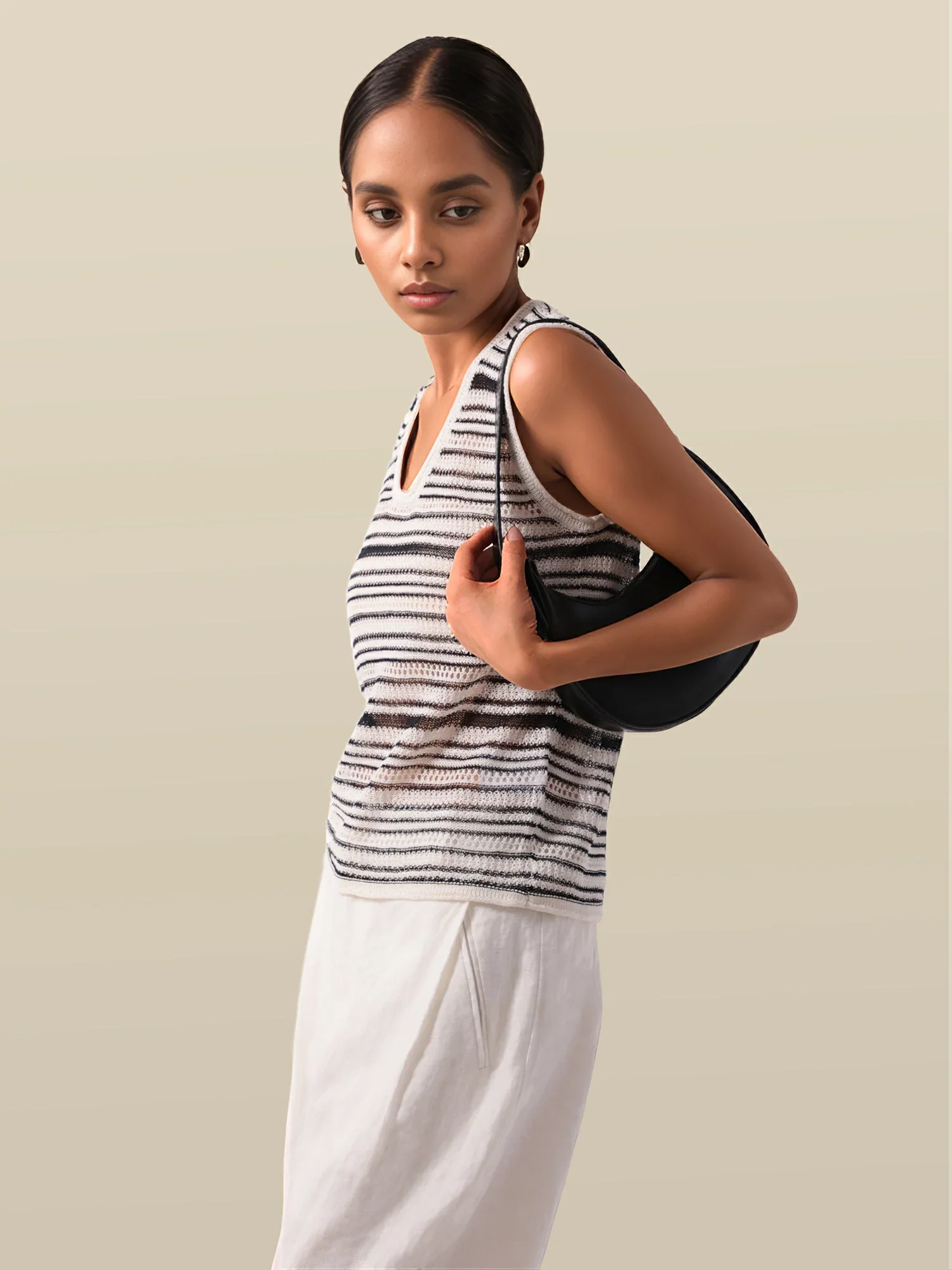 Lyocell & Silk U Neck Sleeveless Striped Vest