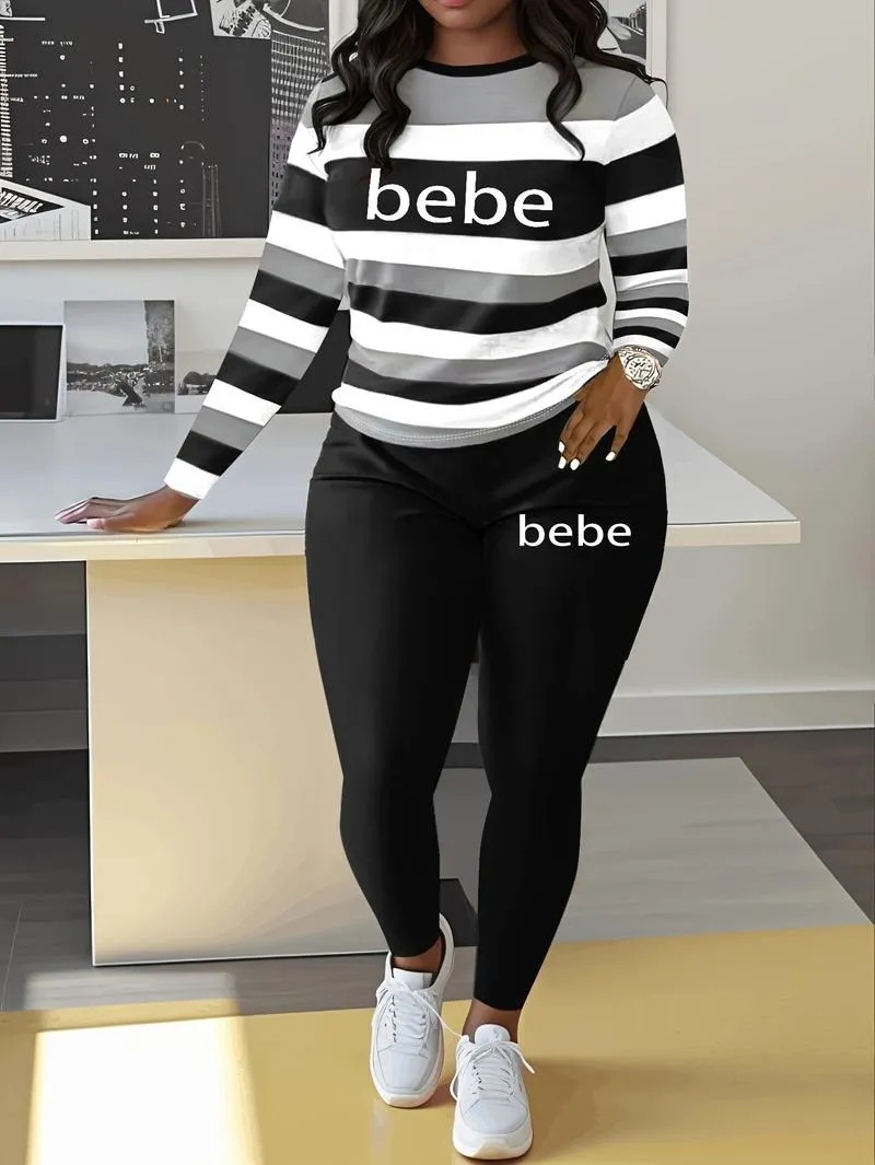 Women's Striped Bebe Letter Print Casual Autumn Winter Round Neck Long Sleeve Top & Pants Set