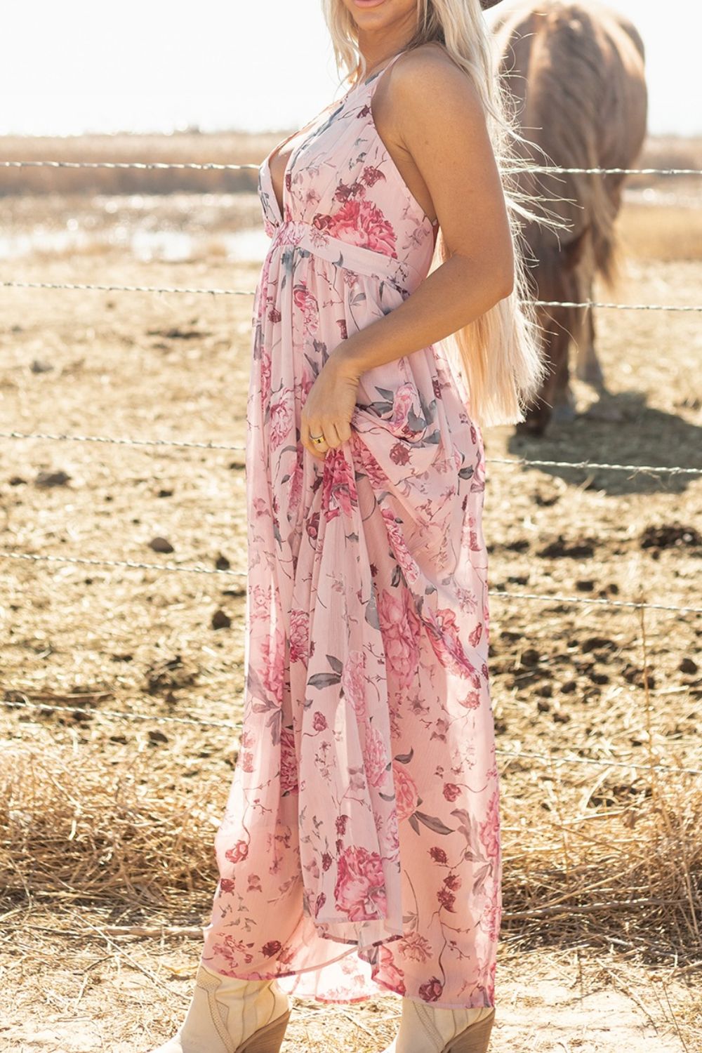 Floral Pleated Deep V Backless Maxi Dress