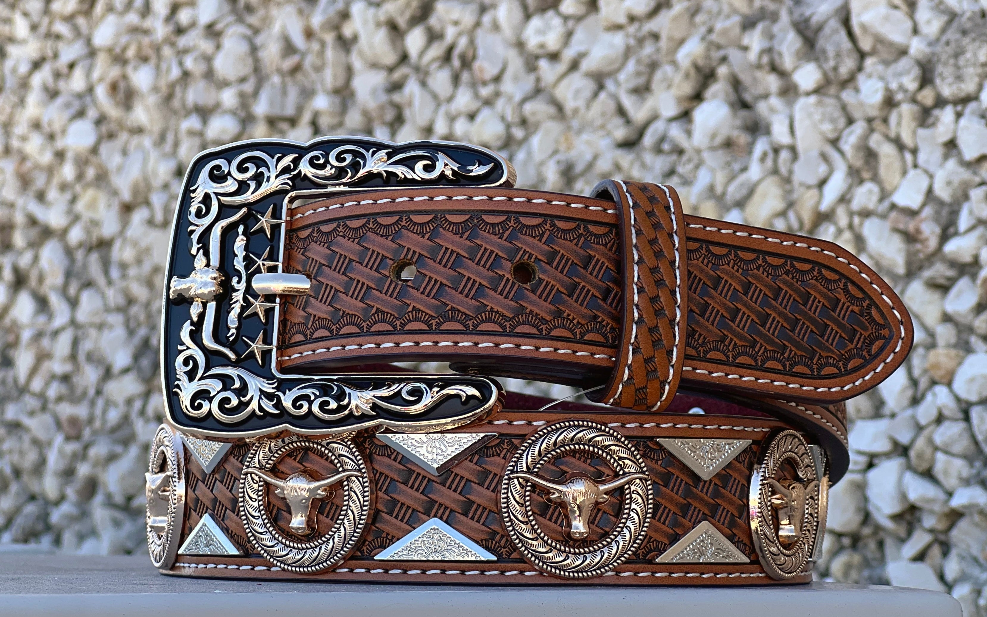 Men’s Honey Leather Belt With Longhorn Concho