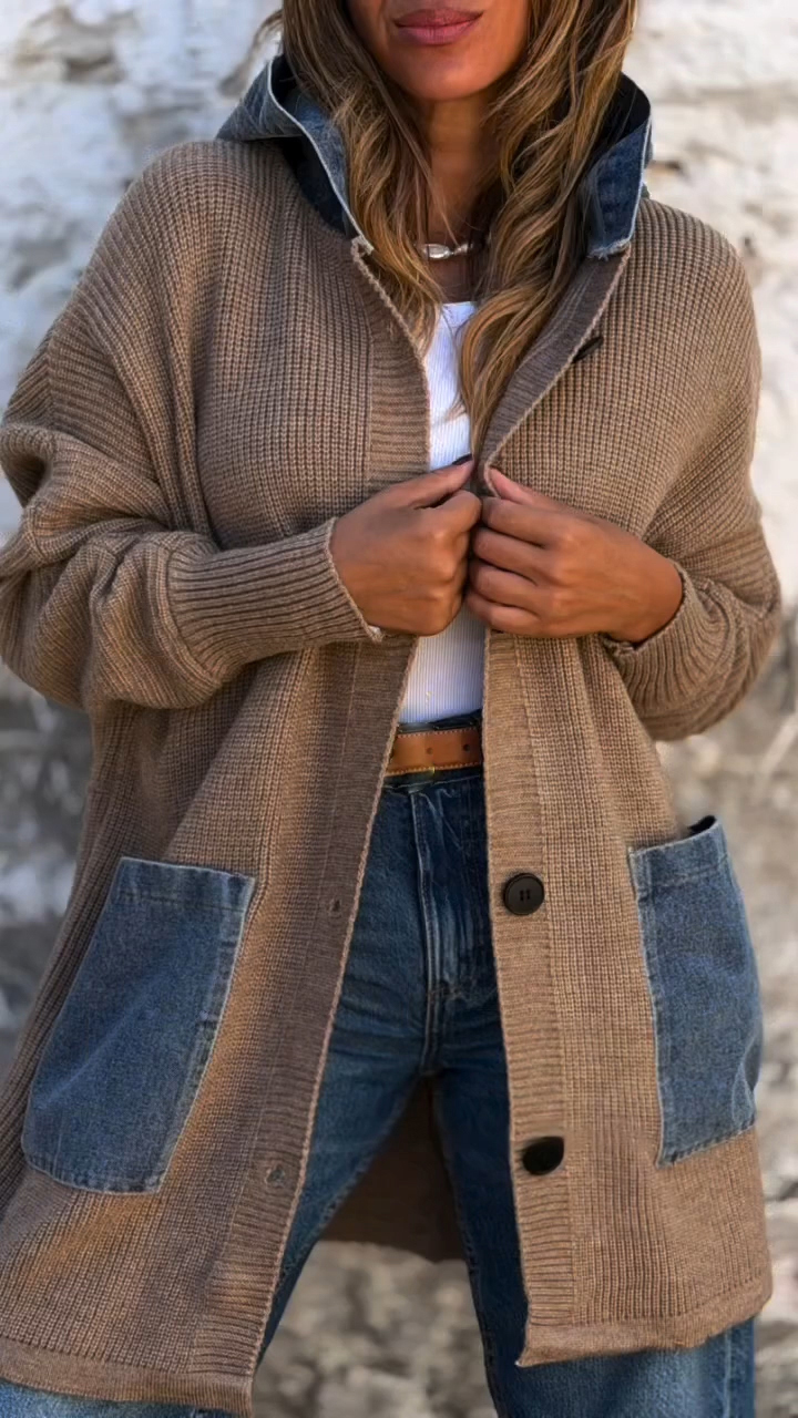 Women Hooded Patchwork Denim Casual Cardigan
