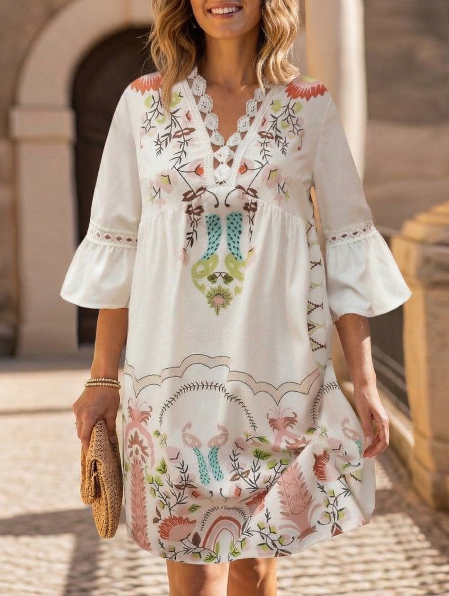 V Neck Lace Patch Print Dress
