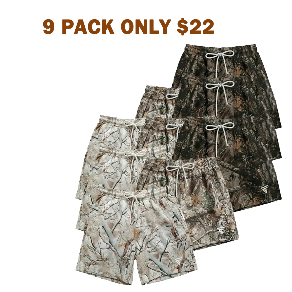 Men’s Hunting Camo Double-Layer Shorts – Breathable Gym/Running Shorts with Zip Side Pockets & Back Pocket
