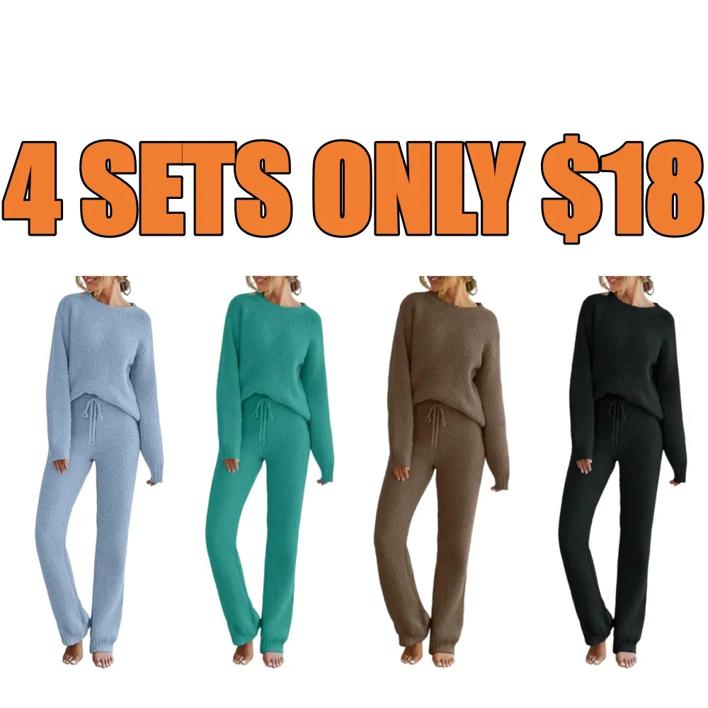 Women Fuzzy Fleece Long Sleeve Pajama Loungewear Set